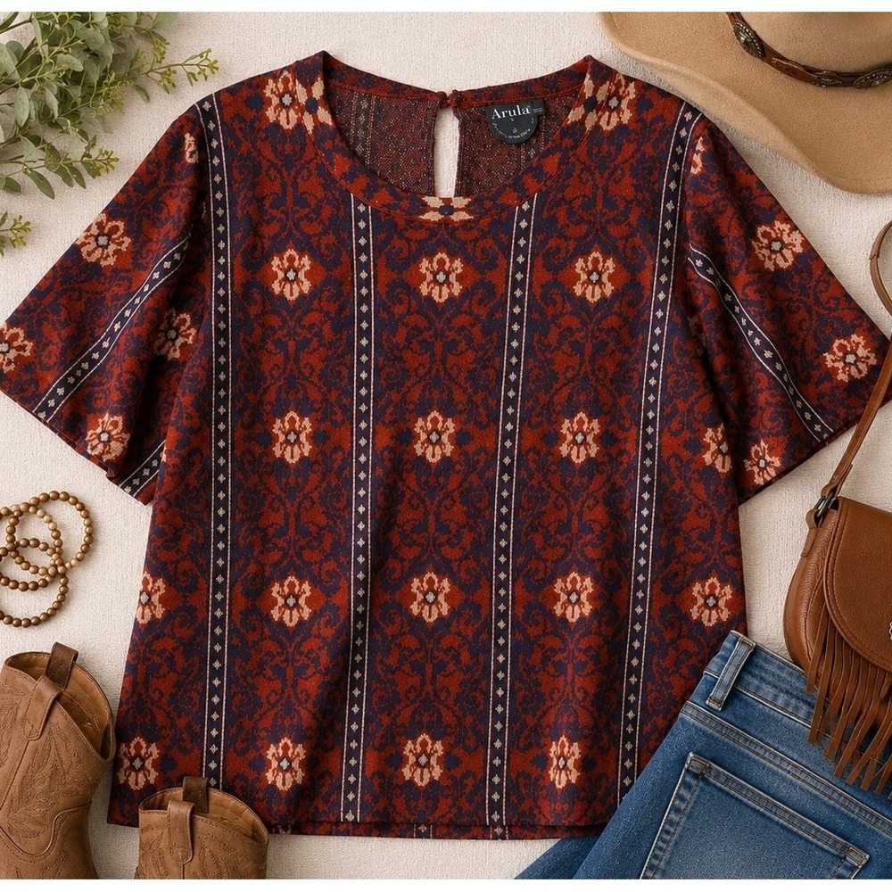 Arula 3X Boho Paisley Sweater Top Short Sleeve Plus Peasant Festival Cottagecore